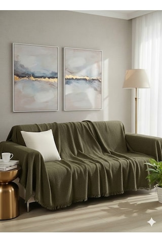 % 100 Pamuk Kolları Örten Koltuk Örtüsü 180 X 300 Cm- Kaymaz, Terletmez Haki Yeşil