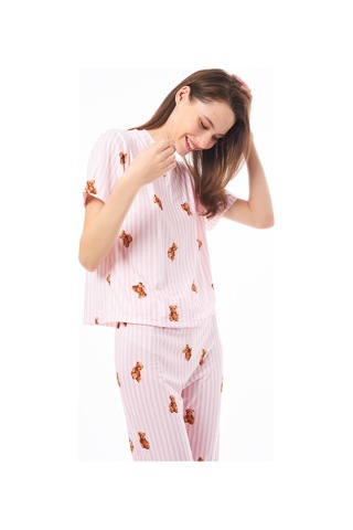 Premium Kadın Pijama Takımı Krem Ayıcık Desenli Yumuşak Dokulu Kısa Kollu Bisiklet Yaka Pembe