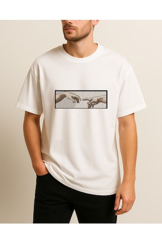 Tanrının Eli Baskılı T-shirt Beyaz