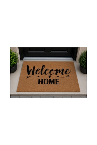Kapı Önü Paspası Kaymaz Ağır Tabanlı Welcome Home Desen Dekoratif , Kolay Temizlenir 45x70 Cm Kod T9 Kahverengi