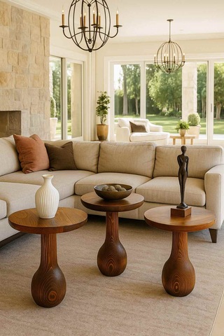 Meşe Renk Ahşap Mantar Sehpa Seti 3 Lü Doğal Zigon Fiskos Takımı Meşe