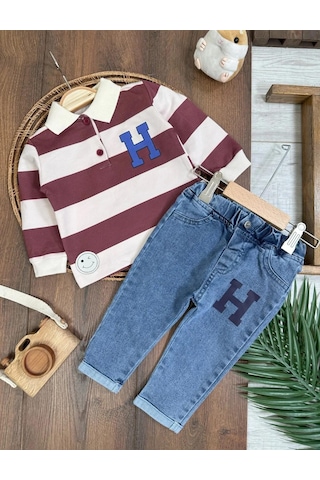 Şerit Çizgili Detaylı Likralı Polo Yaka Erkek Bebek Takım Bordo
