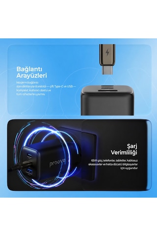Proove Pocket Gan 65w Hızlı Şarj Cihazı 3 Portlu 2x Type-c + Usb Apple Uyumlu MacBook Laptop Ve Telefon Uyumlu