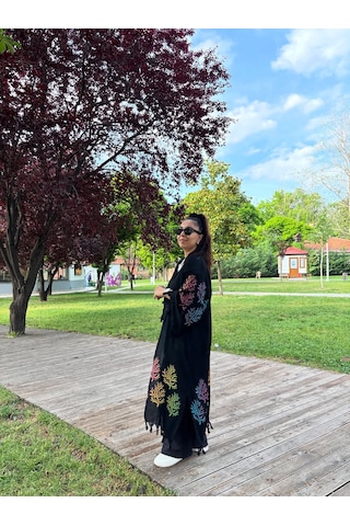 Siyah Mercan Desenli Kaftan Kimono Renkli Desenli Salaş Plaj Ve Günlük Kullanım Siyah - Turuncu