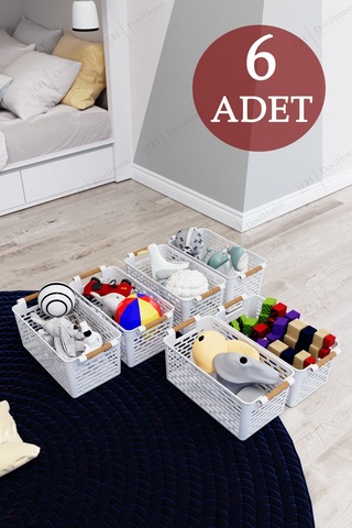 6 Adet Ahşap Saplı Görünüm Beyaz Renk Plastik Mutfak Banyo Eşya Organizer Sepet Düzenleyici Set Beyaz