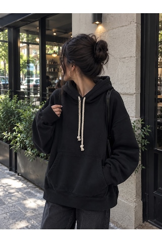 Stormwear Unisex Oversize Polar Sweatshirt Halat Kordonlu Kapüşonlu Cepli Sweat Siyah