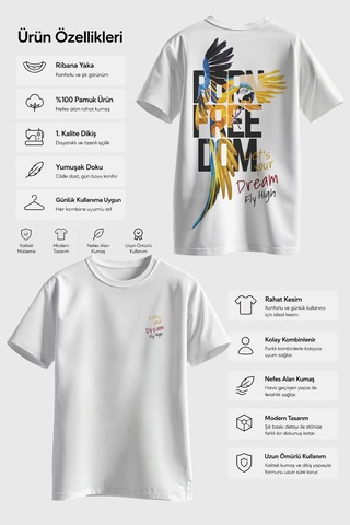 Spoyi Born Freedom Tasarımlı %100 Pamuk Yarım Oversize Beyaz T-shirt