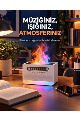 Alev Efektli Aroma Difüzör Beyaz Gürültü Sesli Hoparlörlü 7 Renk Led Işıklı Dekoratif Hava Nemlendirici Buhar Makinesi Ses Seviyesi Ayarlı