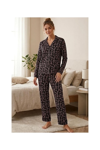 Fit Women Pembe Kalp Desenli Uzun Kollu Pijama Takımı 4602 -siyah