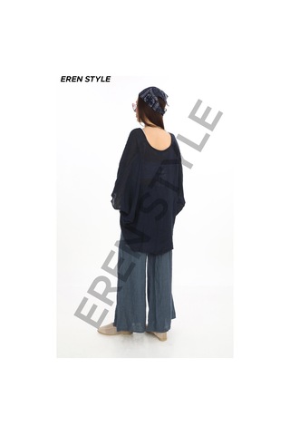 Eren Style Bohem Kuruvaze Tek Düğmeli Keten Bluz-9884 Lacivert