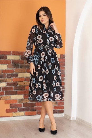 Neşeli Butik Kadın Siyah Kemerli Gömlek Yaka Şifon Elbise Ry0031 Mint Yeşili