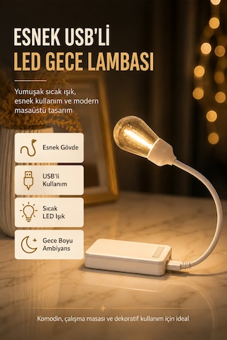 Esnek Usb'li Led Gece Lambası Çalışma Okuma Masa Lambası Powerbank Uyumlu Taşınabilir Ultra Hafif Beyaz
