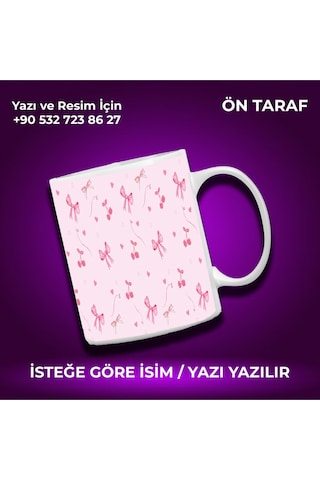 Kişiye Özel Pembe Kurdele Desenli Renkli Kupa -çok Hoş Hediye Beyaz
