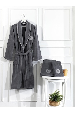 Finezza Troya %100Pamuk Biyeli Nakışlı Füme Bornoz Seti 3 Parça - Koyu Gri