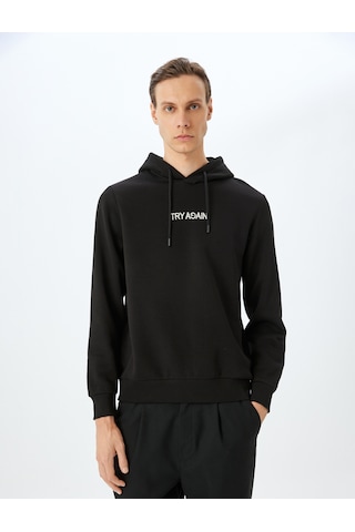 Koton Slogan Baskılı Pamuk Karışımlı Şardonlu Kapşonlu Sweatshirt Siyah 5wam70242mk Siyah