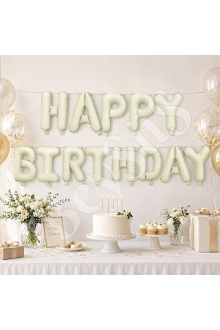 Happy Birthday Folyo Banner Krem Koyu Gümüş