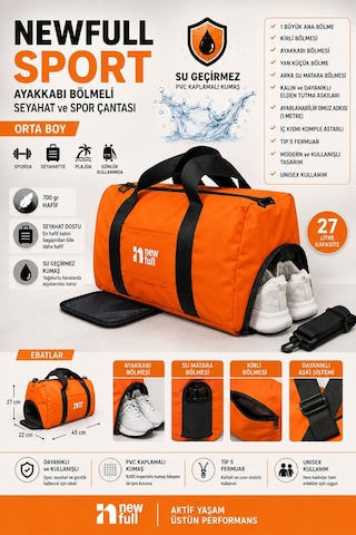 Newfull Sport Ayakkabı Bölmeli Astarlı Su Geçirmez Seyahat Ve Spor Çantası-orta Boy Turuncu