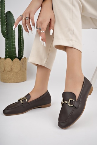 Muggo Liza Garantili Metal Tokalı Kadın Loafer Günlük Ayakkabı Kahverengi
