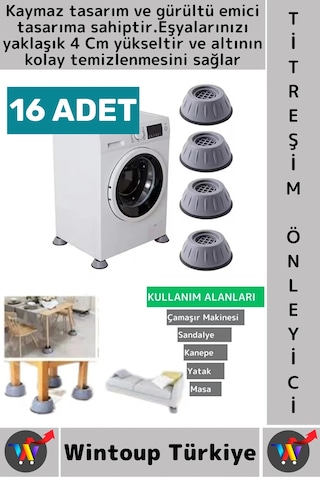 Titreşimönleyici Kaydırmaz Ses Titreşim Önleyici Çamaşır Makinesi Mobilya Sabitleyici Ayak 16 Adet Gri