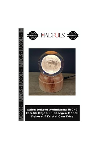 Salon Dekoru Aydınlatma Ürünü Estetik Obje Usb Gezegen Modeli Dekoratif Kristal Cam Küre Ay
