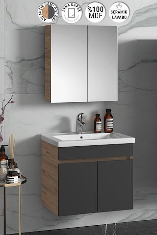 Çiğdem 65 Cm Atlantik Çam-Antrasit Gri Mat Mdf Seramik Lavabolu A Antrasit - Atlantik Çam