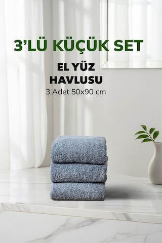 3 Lü Çizgili Mavi Renk Yumuşak Pamuk El Yüz Havlusu Seti 50x90 Cm Bej