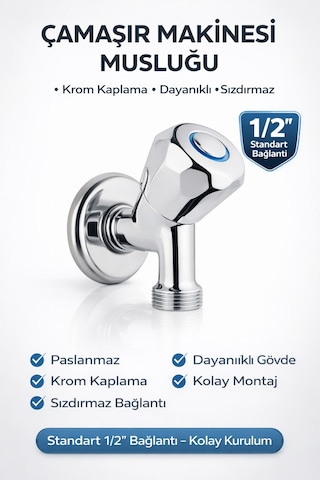 Çamaşır Makinesi Musluğu 1/2'' Krom Pirinç Dayanıklı Sızdırmaz Bulaşık Makinesi Uyumlu Metalik