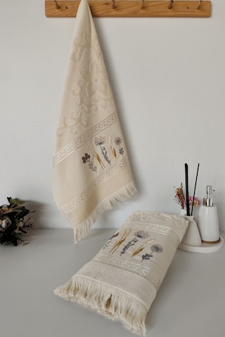 2'li Nakışlı Jakarlı Kadife El Yüz Havlusu - %100 Pamuk - Kapuçino Cappuccıno Cappuccino