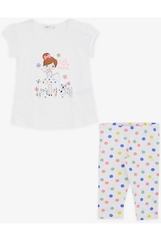 Kız Bebek Çocuk Pamuklu Renkli Puantiyetili Taytlı Takım-12726-krem Krem
