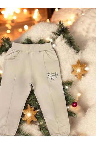 Kız Çocuk Pamuklu Beli Paçası Lastikli Eşofman Alt-15145 Bej