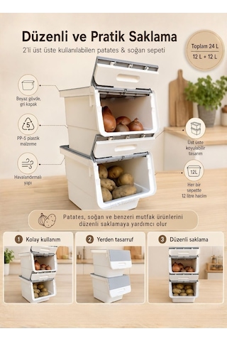 2 Li Gri Tekerlekli Sebzelik Patates Soğan Sepeti Modern Organizer Patateslik Basic Soğanlık 24 L Gri-beyaz