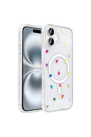 Techaks Apple Uyumlu iPhone 16 Kılıf M-safe Şarj Özellikli Şeffaf Zore Folk Sert Kapak - Kalp Beyaz