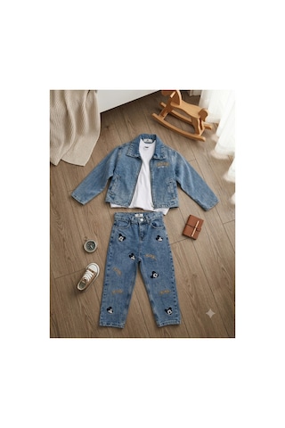 Uğur Bebe 3 Parça Erkek Çocuk Çizgi Film Karakterli Kot Takım Kot Ceket Kot Pantolon Beyaz Sweatshirt Şık Jean Kombin Günlük Spor Giyim Takımı Mickey Mouse Mavi Mavi