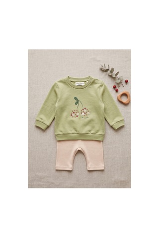 Deniva Kids Organik Pamuklu Yeşil Kiraz Nakışlı Bebek Kız Alt Üst Takım - 9 - 12 Ay