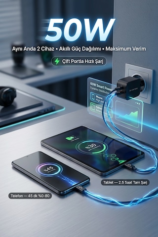 50w Çift Portlu Usb-c Girişli Akıllı Hızlı Şarj Adaptör Kablo Seti - Pd Ve Qc Destekli