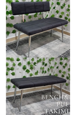 Özcan Metal Krom Metal Ayaklı Bench Sırtlı Mutfak Salon Antre Yatak Odası Puf Bank Oturak Takımı Antrasitgri
