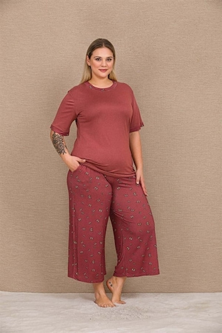 Lisinya Closet Büyük Beden Viskon Şık Tasarım Kelebek Desenli Bordo Kısa Kol Kapri Takım Bordo