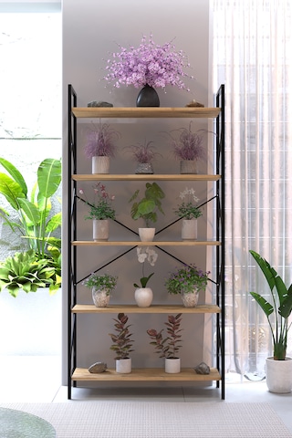 Manolya 5 Raflı Metal Çiçeklik 180x90 Cm Dekoratif Bitki Standı Çok Amaçlı Kitaplık Salon Balkon Ofis Raf Ünitesi Atlantik Çam