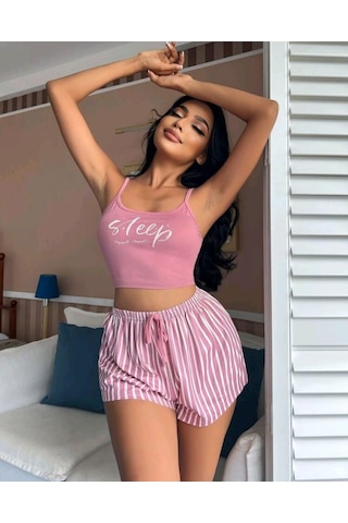 Kadın Pembe Çizgili Desen Askılı Şortlu Pijama Takım 5002 Pembe