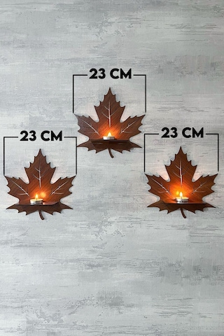 Dekoratif Ceviz Yaprak Desen Duvar Rafı 3 Lü Set 25 Cm Duvar Mumluğu - Mumluk Raf - Ahşap Desen Siyah