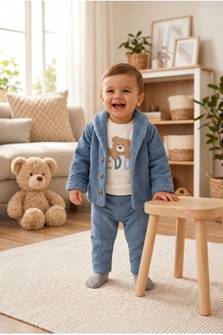 Ahengim Erkek Bebek 3 Parça Takım Ayıcık Baskılı Tişört Hırka Ve Pantolon Seti Ak8536 Bebe Mavi