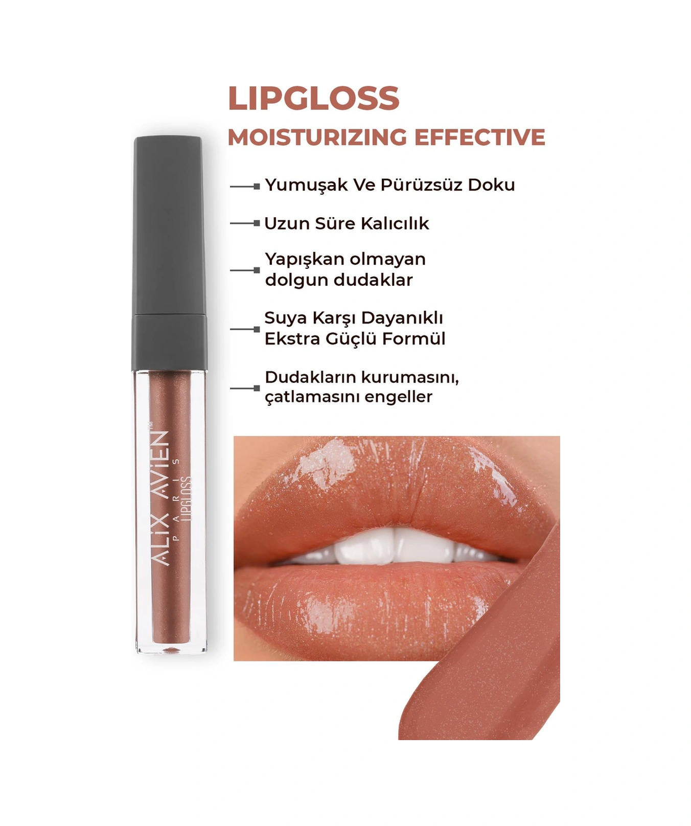 Alix Avien Uzun Süre Kalıcı Yapışkan His Bırakmayan Nemlendirici Dudak Parlatıcısı Lipgloss 10 Sweet Carame