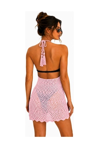 Neden Tekstil Ajurlu Sırt Dekolteli Transparan Beachwear - Mini Plaj Elbisesi - Pembe