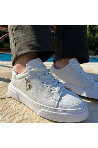 Twingold Kalın Ortopedik Tabanlı %100 Deri Sneaker Spor Ayakkabı - Beyaz Beyaz