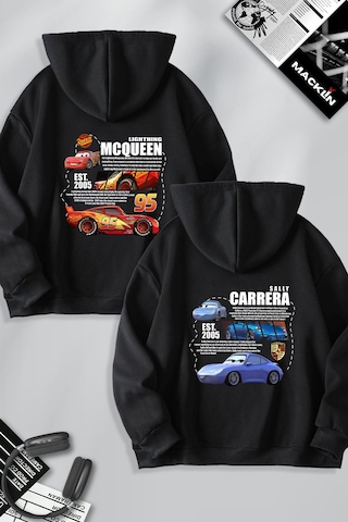 Macklin Sevgili Çift Kombin Mcqueen Ve Sally Sırt Baskılı Özel Tasarım Kapüşonlu Sweatshirt 2li Set Takım Siyah Mck1169 Siyah