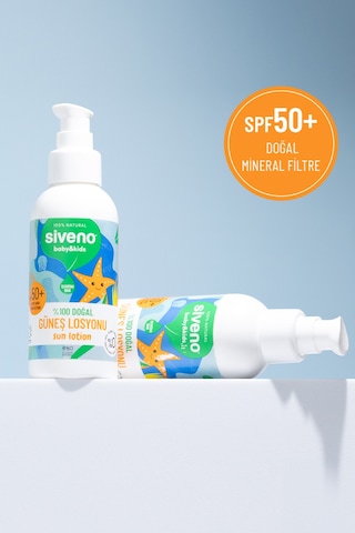 Siveno %100 Doğal Çocuk Güneş Losyonu Leke Karşıtı Nemlendirici Bitkisel Vegan UVA UVB SPF 50+ 100 ml