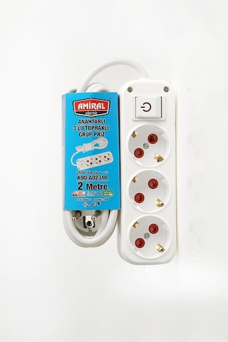 Cihaz Bağlantısı Ortam Düzeni Yaşam Alanı Amiral 3' Lü Topraklı Anahtarlı 2 Metre Kablolu Grup Priz