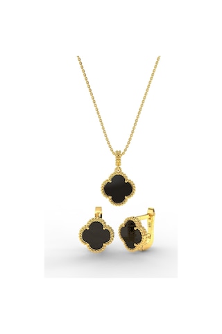 925 Ayar Oniks Taşlı Gold Van Cleef Yonca Kolye Küpe 2'li Gümüş Set-takım