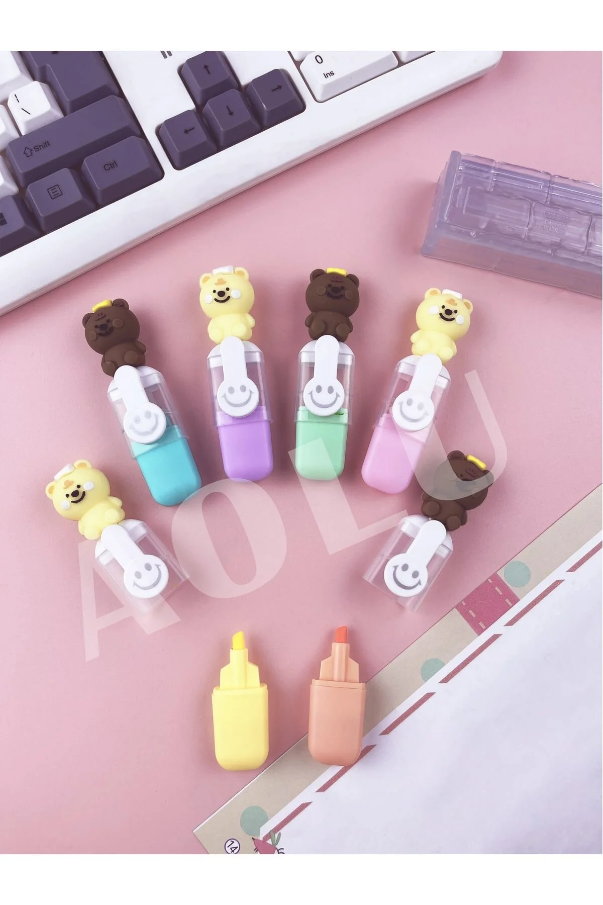 Sevimli Tatlım Mini Renklili Ayıcıklar Fosforlu Kalem 6'lı Set Çok Renkli