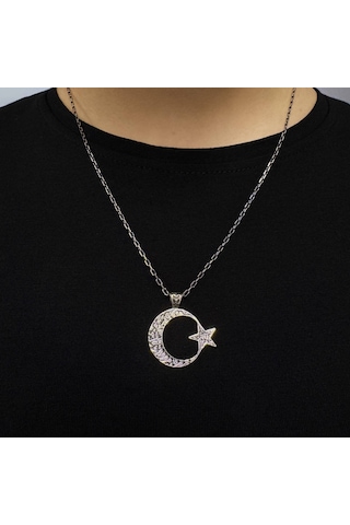 Modasilvers 925 Ayar Gümüş Kelime-i Tevhid Yazılı Ayyıldız Erkek Kolye Gümüş